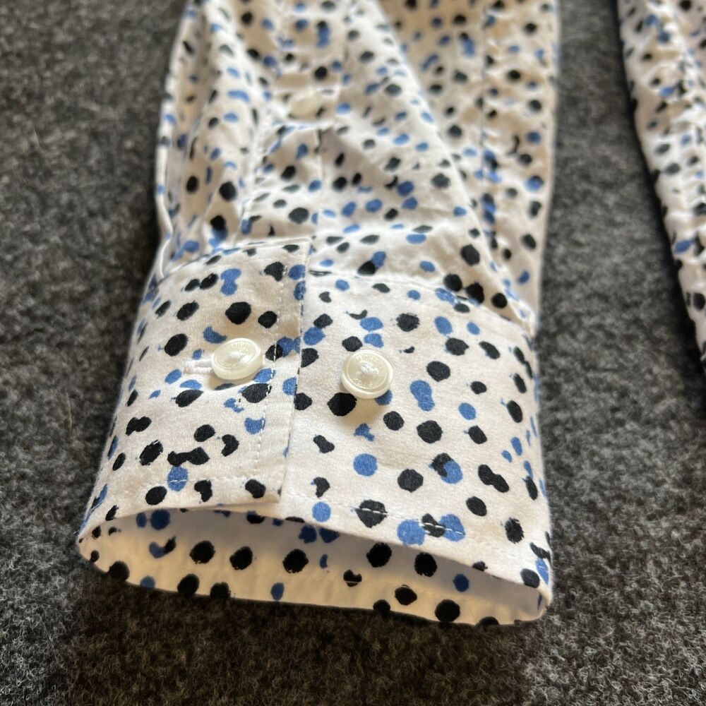 Michael Kors Men M Button Up Blue Black Polka Dots Trim Stretch Long Sleeve - Picture 9 of 11